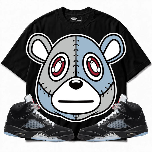 Rebranded Studios Rebranded Bear Air Jordan 5 Black Metallic Reimagined Black shirt — front with sneakers