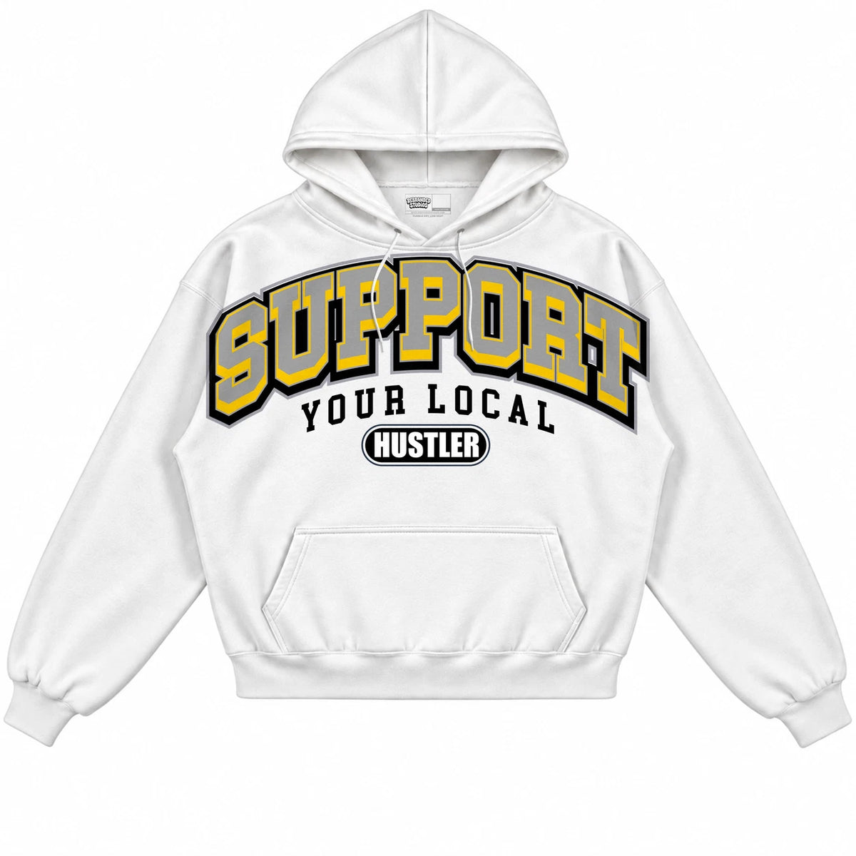 Rebranded Studios Support Your Local Hustler Air Jordan 4 Tour Yellow Collection white hoodie — front