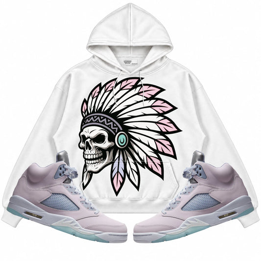 Rebranded Studios Chief 2.0 Air Jordan Retro 5 Easter/Regal Pink White hoodie — front with sneakers