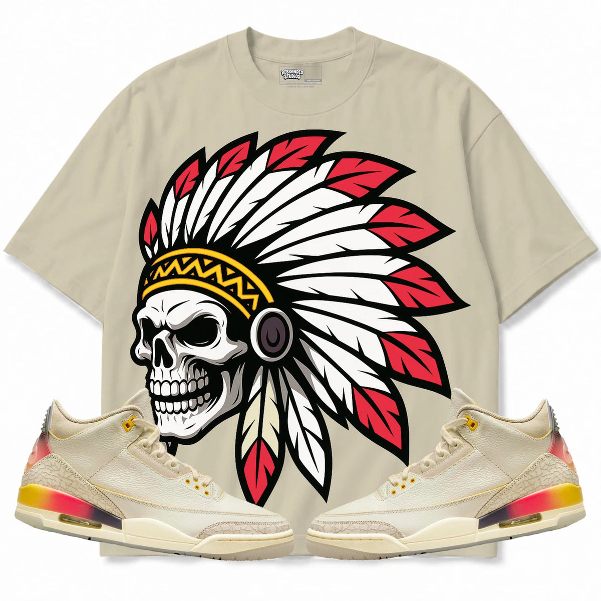 Rebranded Studios Chief 2.0 Air Jordan 3 J Balvin Medellín Sunset Cream shirt — front with sneakers