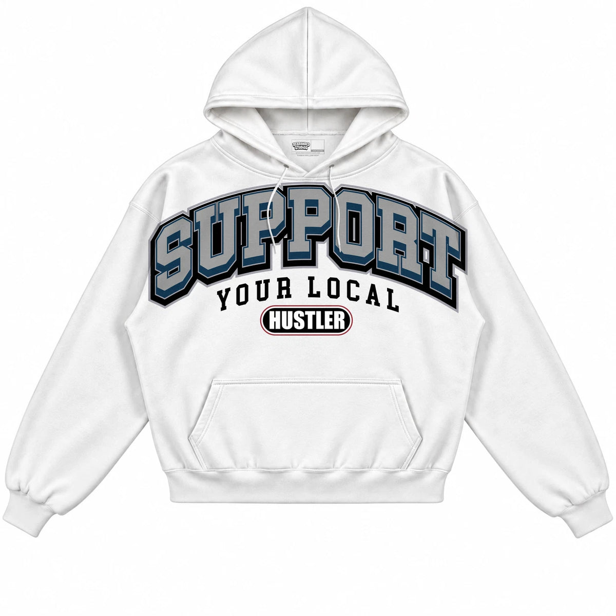 Rebranded Studios Support Your Local Hustler Air Jordan 12 French Blue Collection White hoodie — front