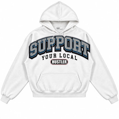 Rebranded Studios Support Your Local Hustler Air Jordan 12 French Blue Collection White hoodie — front