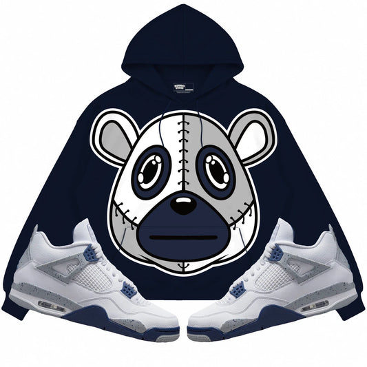 Rebranded Studios Rebranded Bear Air Jordan Retro 4 Midnight Navy Navy hoodie — front with sneakers