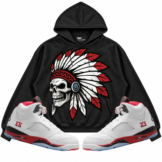 Rebranded Studios Chief 2.0 Air Jordan 5 Fire Red Black hoodie — front with sneakers