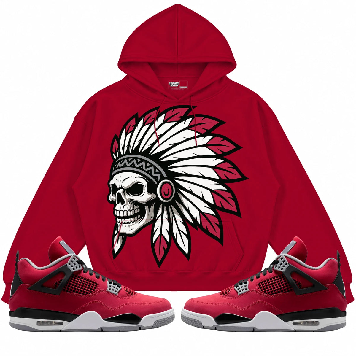 Rebranded Studios Chief 2.0 Air Jordan 4 Toro Bravo red hoodie — front with sneakers