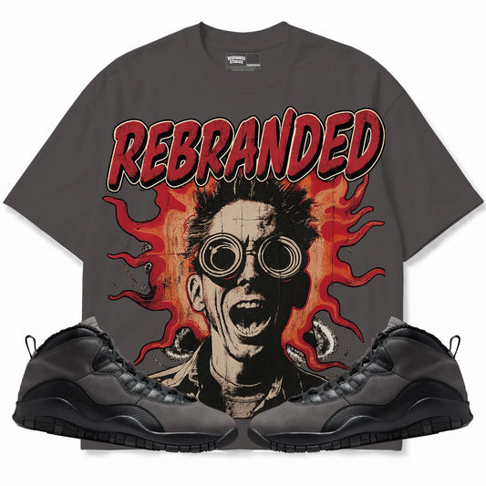 Rebranded Studios It's Alive Air Jordan 10 Shadow Collection charcoal gray shirt — front with sneakers