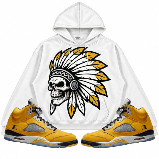 Rebranded Studios Chief 2.0 Air Jordan 5 Tokyo White hoodie — front with sneakers