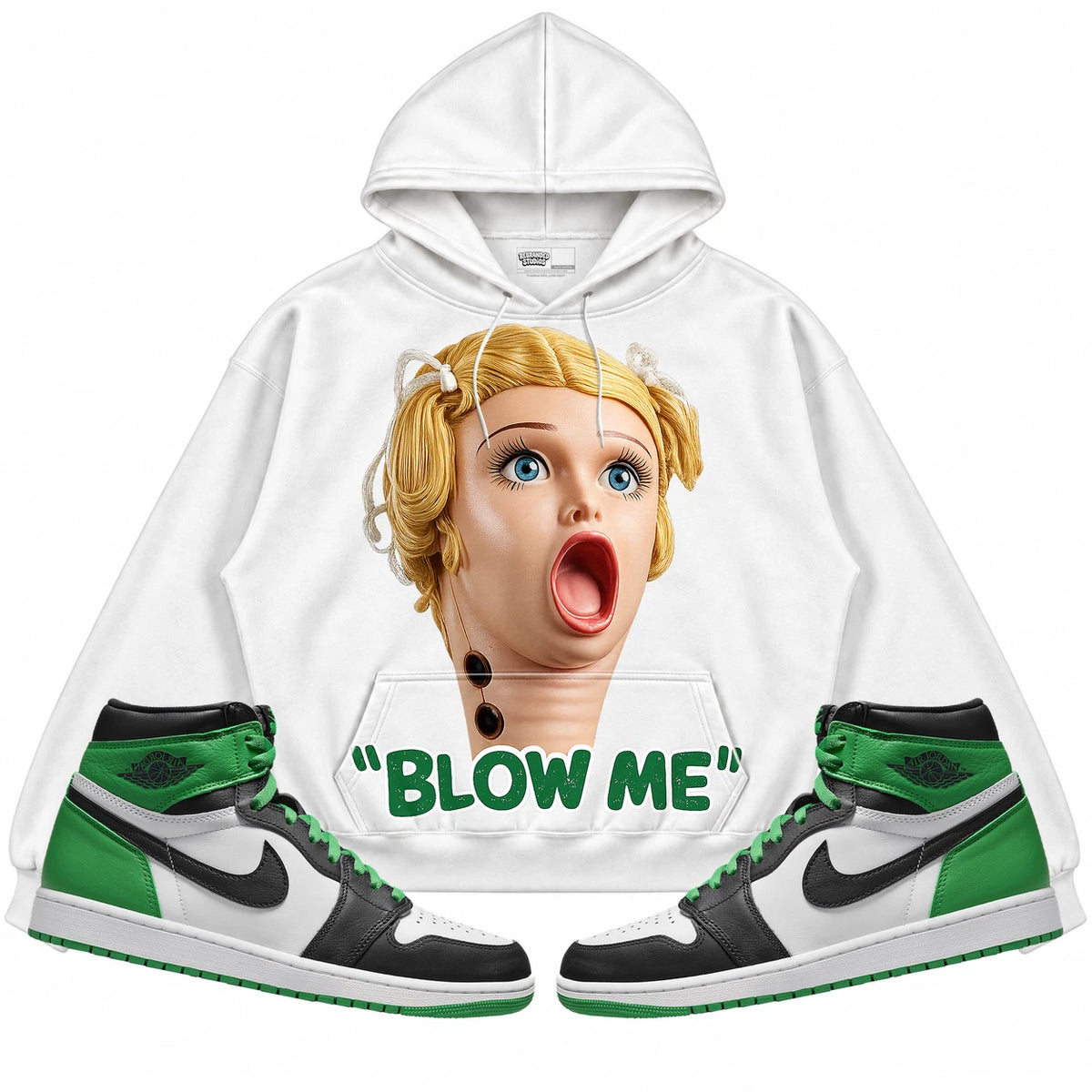 Rebranded Studios Blow Me Air Jordan 1 Lucky Green White hoodie — front with matching sneakers