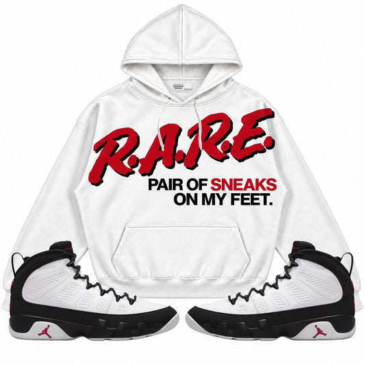 Rebranded Studios Rare Pair Of Sneaks On My Feet Air Jordan 9 OG Space Jam Collection white hoodie — front with sneakers