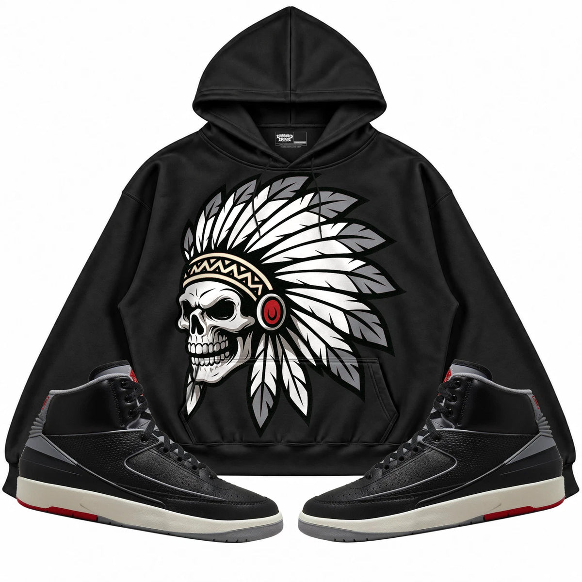 Rebranded Studios Chief 2.0 Air Jordan 2 Black Cement Black hoodie — front with sneakers