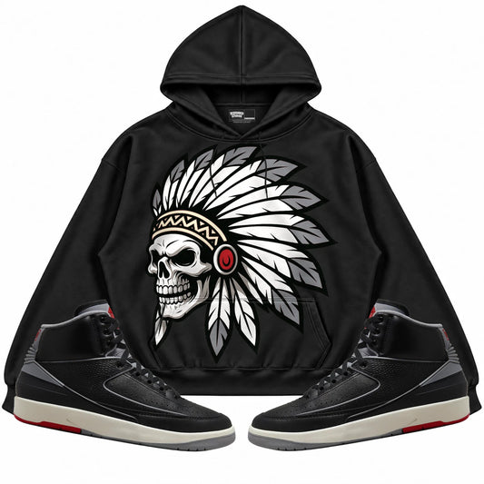 Rebranded Studios Chief 2.0 Air Jordan 2 Black Cement Black hoodie — front with sneakers