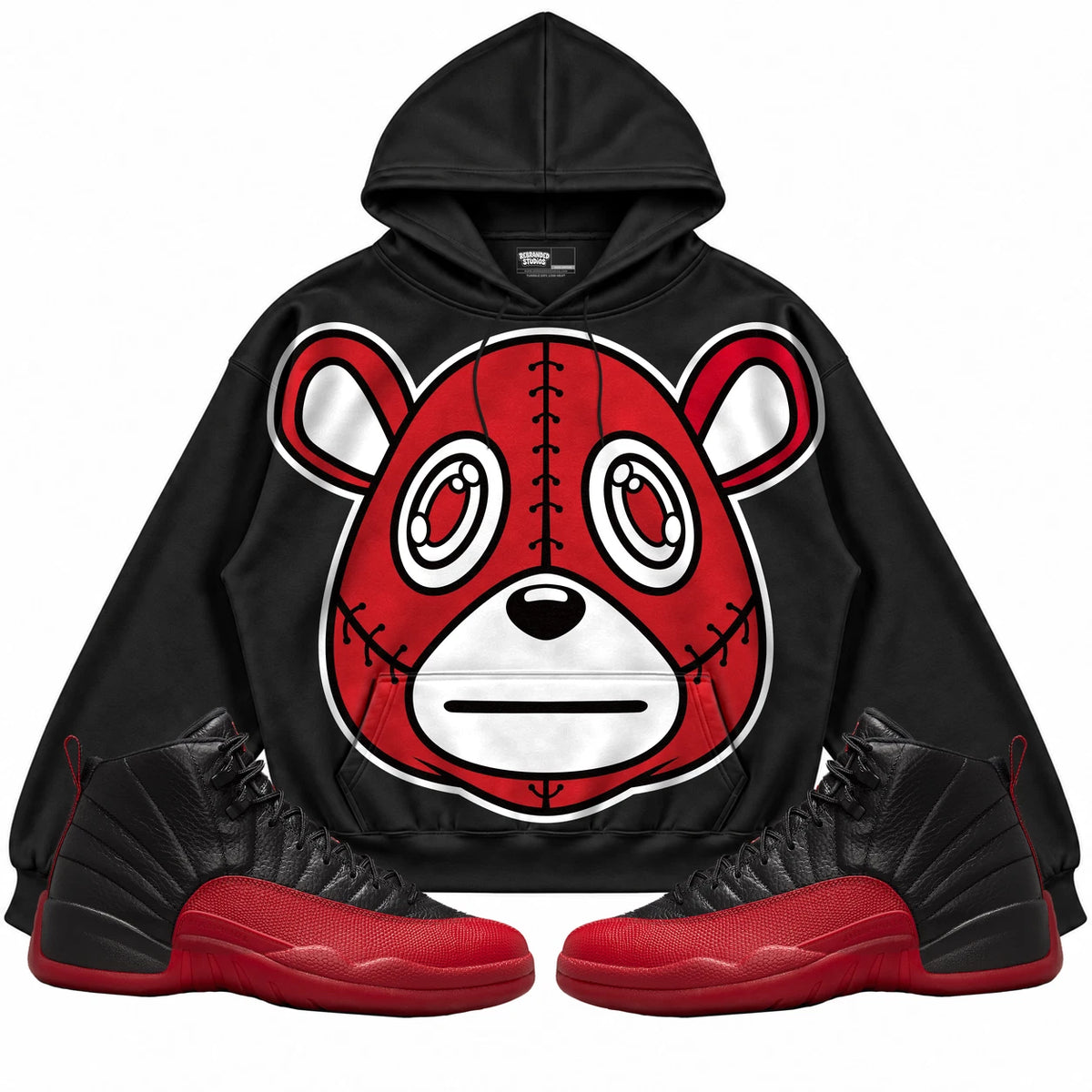 Rebranded Studios Rebranded Bear Air Jordan 12 Flu Game Collection Black hoodie — front with sneakers