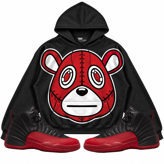Rebranded Studios Rebranded Bear Air Jordan 12 Flu Game Collection Black hoodie — front with sneakers