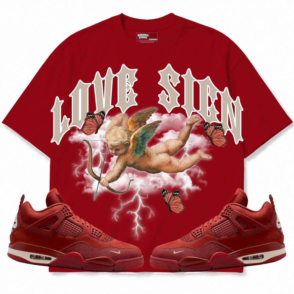 Rebranded Studios Love Sign Air Jordan 4 Brick By Brick red shirt — front with sneakers