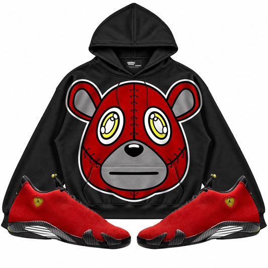 Rebranded Studios Rebranded Bear Air Jordan 14 Ferrari Black hoodie — front with sneakers