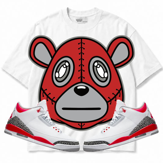 Rebranded Studios Rebranded Bear Air Jordan Retro 3 Fire Red Collection white shirt — front with sneakers