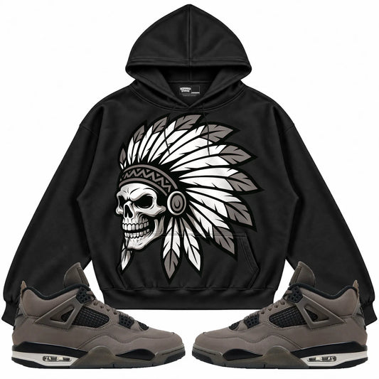 Rebranded Studios Chief 2.0 Air Jordan 4 Cave Stone Black hoodie — front with sneakers
