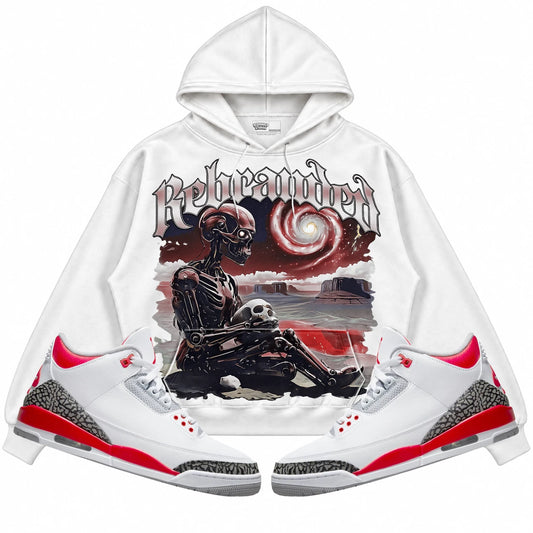 Rebranded Studios Rebranded Future Air Jordan Retro 3 Fire Red White hoodie — front with sneakers