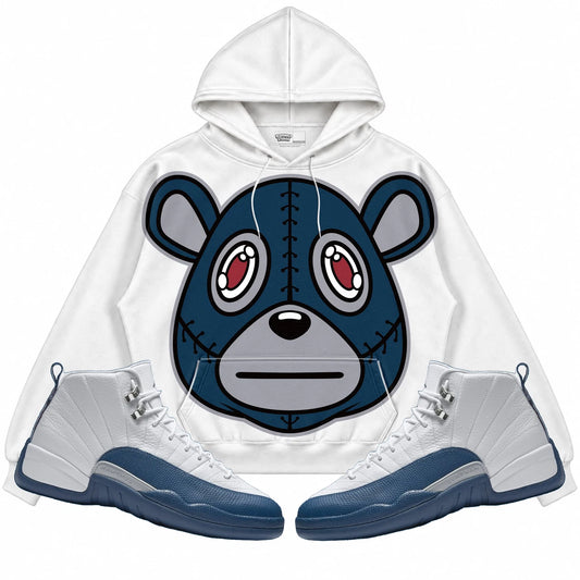 Rebranded Studios Rebranded Bear Air Jordan 12 French Blue White hoodie — front with sneakers