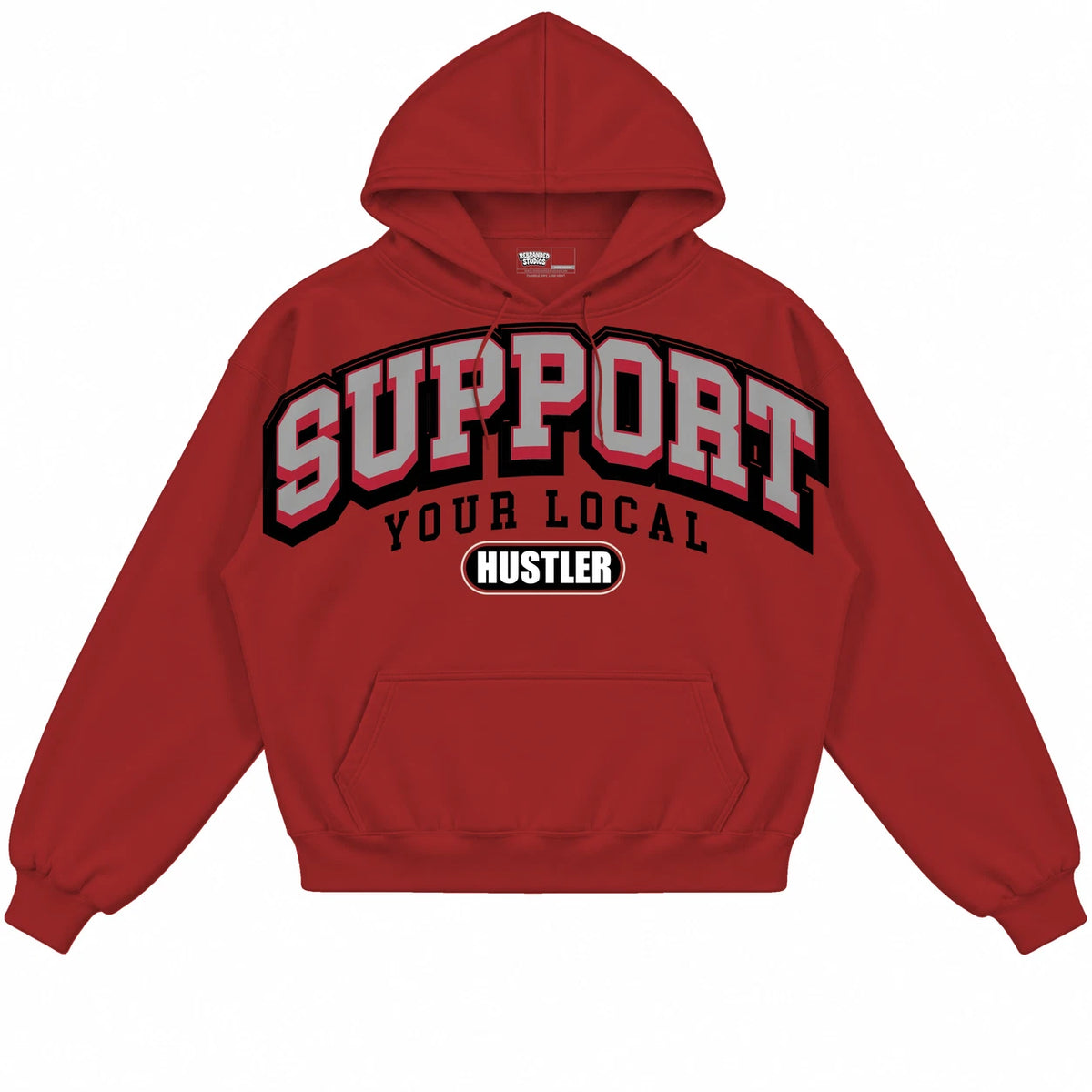Rebranded Studios Support Your Local Hustler Air Jordan 1 High OG Black Toe Reimagined red hoodie — front
