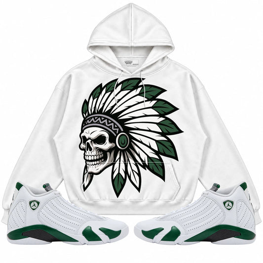 Rebranded Studios Chief 2.0 Air Jordan 14 Forest Green white hoodie — front with sneakers