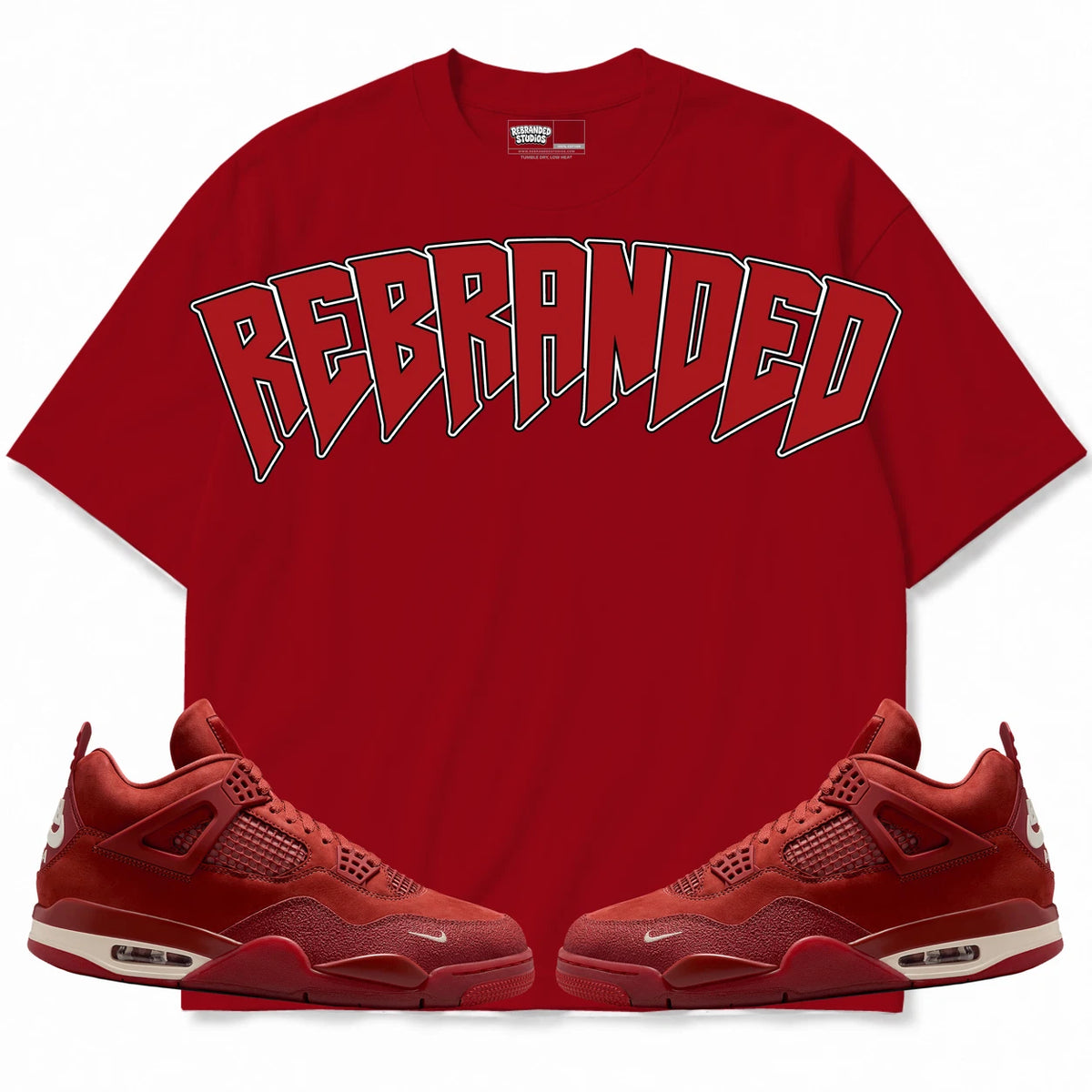 Rebranded Studios Angels 2.0 Air Jordan 4 Brick By Brick red shirt — front with sneakers
