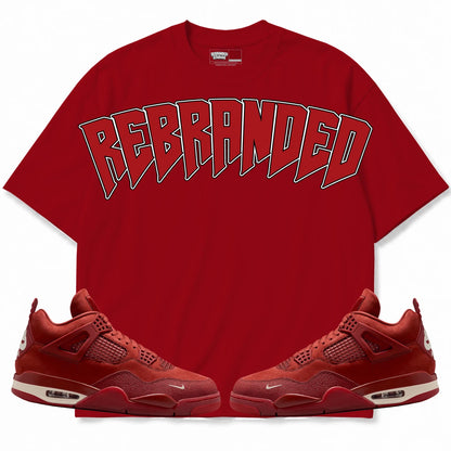 Rebranded Studios Angels 2.0 Air Jordan 4 Brick By Brick red shirt — front with sneakers