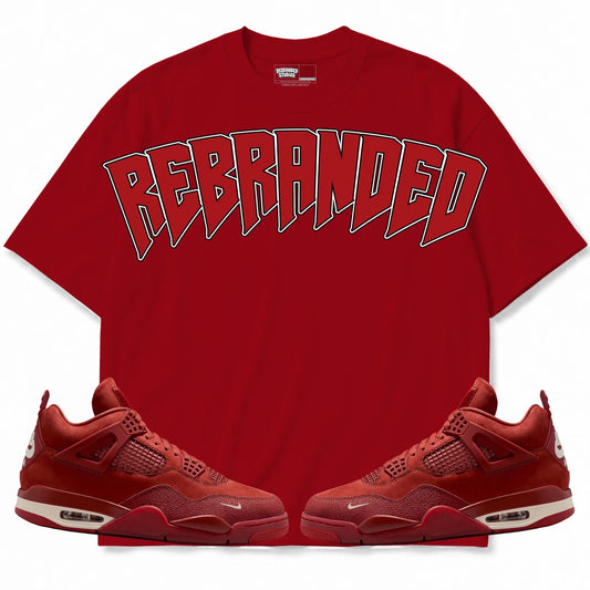 Rebranded Studios Angels 2.0 Air Jordan 4 Brick By Brick red shirt — front with sneakers