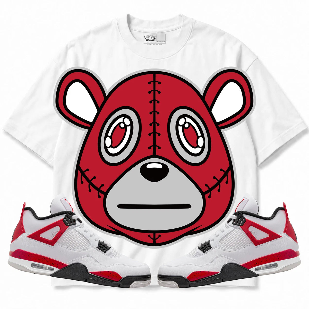 Rebranded Studios Rebranded Bear Air Jordan 4 Red Cement White shirt — front with sneakers