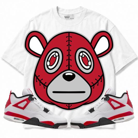 Rebranded Studios Rebranded Bear Air Jordan 4 Red Cement White shirt — front with sneakers