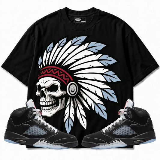 Rebranded Studios Chief 2.0 Air Jordan 5 Black Metallic Reimagined Black shirt — front with sneakers