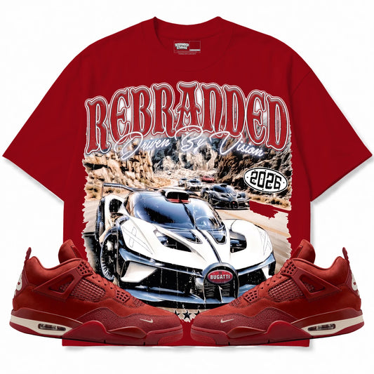 Rebranded Studios Driven By Vision Air Jordan 4 Brick By Brick red shirt — front with sneakers