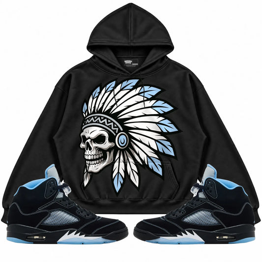 Rebranded Studios Chief 2.0 Air Jordan 5 Black Carolina UNC black hoodie — front with sneakers