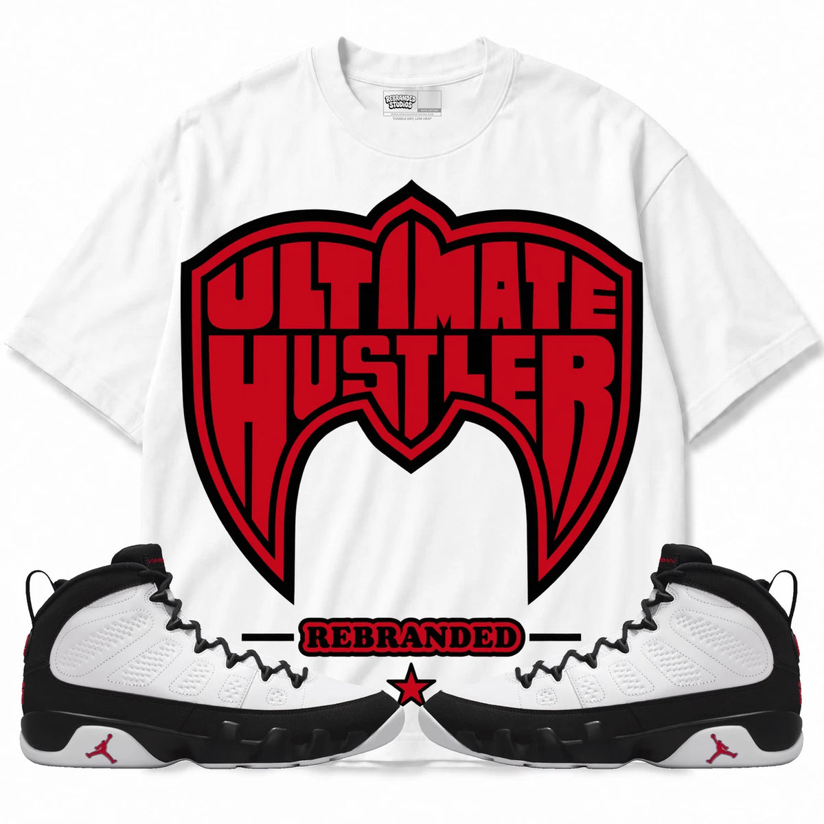 Rebranded Studios Ultimate Hustler Air Jordan 9 OG Space Jam Collection white shirt — front with sneakers