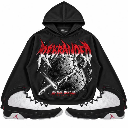 Rebranded Studios After Impact Air Jordan 9 OG Space Jam Collection black hoodie — front with sneakers