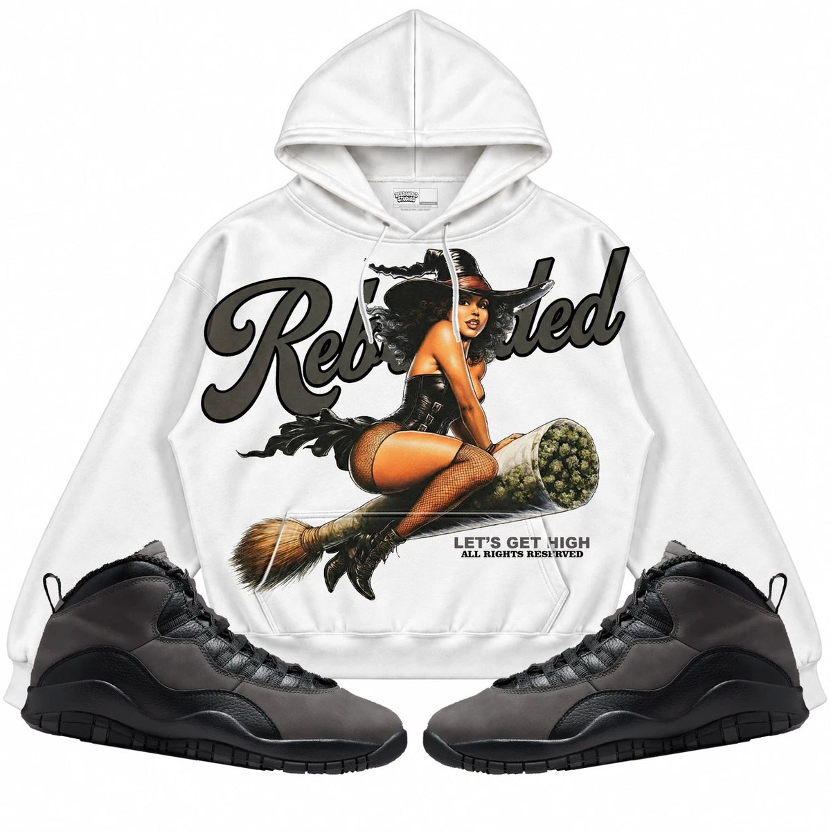Rebranded Studios Let's Get High Air Jordan 10 Shadow Collection white hoodie — front with sneakers