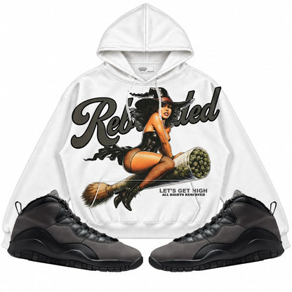 Rebranded Studios Let's Get High Air Jordan 10 Shadow Collection white hoodie — front with sneakers