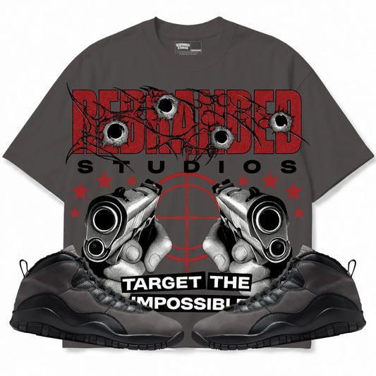 Rebranded Studios Target The Impossible Air Jordan 10 Shadow Collection charcoal gray shirt — front with sneakers