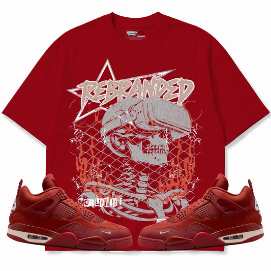 Rebranded Studios WW Studios Air Jordan 4 Brick By Brick red shirt — front with sneakers