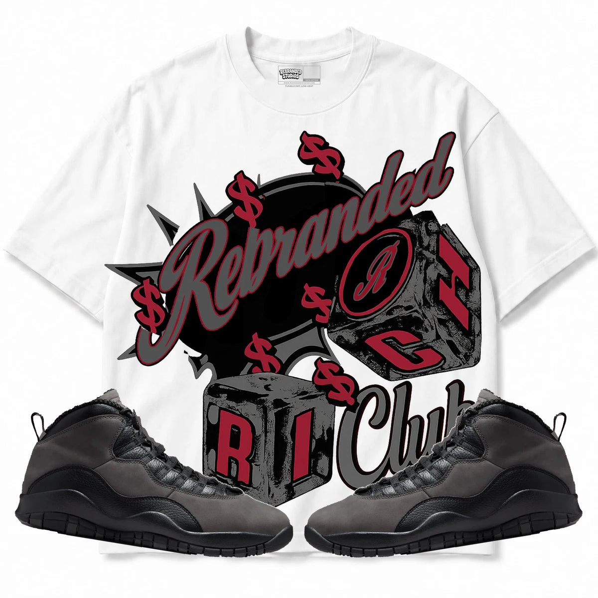 Rebranded Studios Rich Club Air Jordan 10 Shadow Collection white shirt — front with sneakers