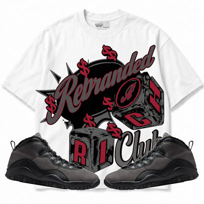 Rebranded Studios Rich Club Air Jordan 10 Shadow Collection white shirt — front with sneakers
