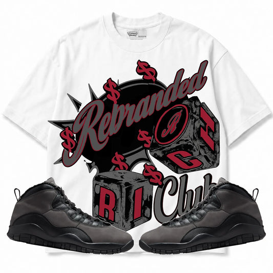 Rebranded Studios Rich Club Air Jordan 10 Shadow Collection white shirt — front with sneakers