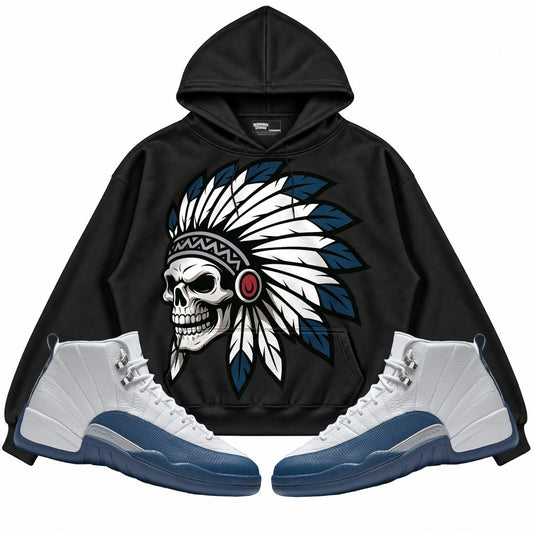 Rebranded Studios Chief 2.0 Air Jordan 12 French Blue Black hoodie — front with sneakers