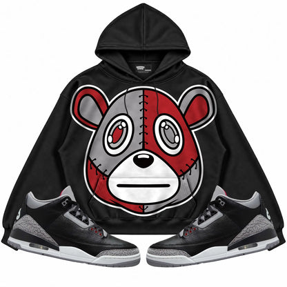 Rebranded Studios Rebranded Bear Air Jordan 3 Black Cement Collection Black hoodie — front with sneakers