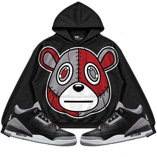 Rebranded Studios Rebranded Bear Air Jordan 3 Black Cement Collection Black hoodie — front with sneakers