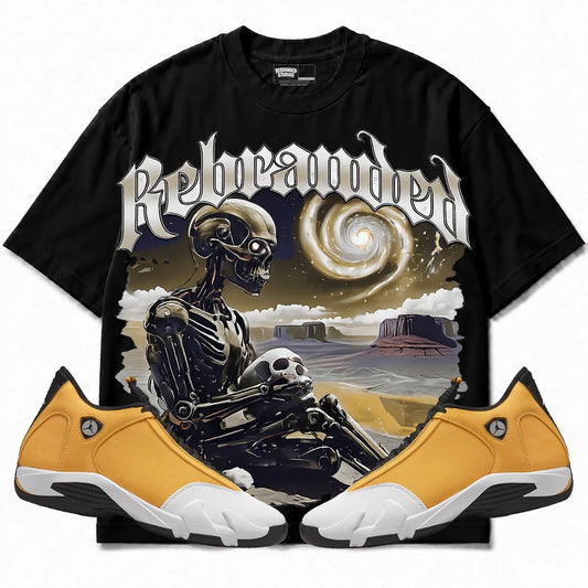 Rebranded Studios Rebranded Future Air Jordan Retro 14 Ginger Black shirt — front with sneakers
