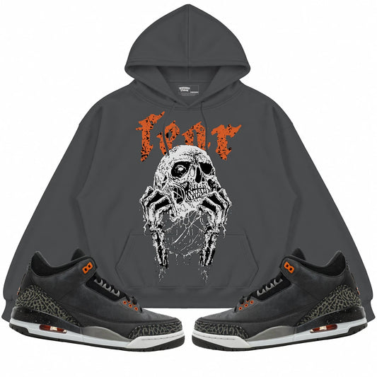 Rebranded Studios Fear Air Jordan 3 Fear Collection charcoal gray hoodie — front with sneakers