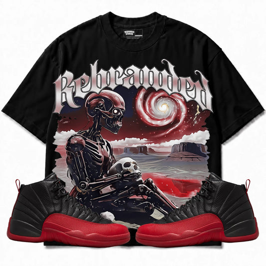Rebranded Studios Rebranded Future Air Jordan 12 Flu Game Black shirt — front with sneakers