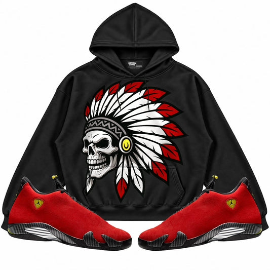 Rebranded Studios Chief 2.0 Air Jordan 14 Ferrari Black hoodie — front with sneakers