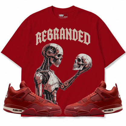 Rebranded Studios A Look At The Past Air Jordan 4 Brick By Brick red shirt — front with sneakers